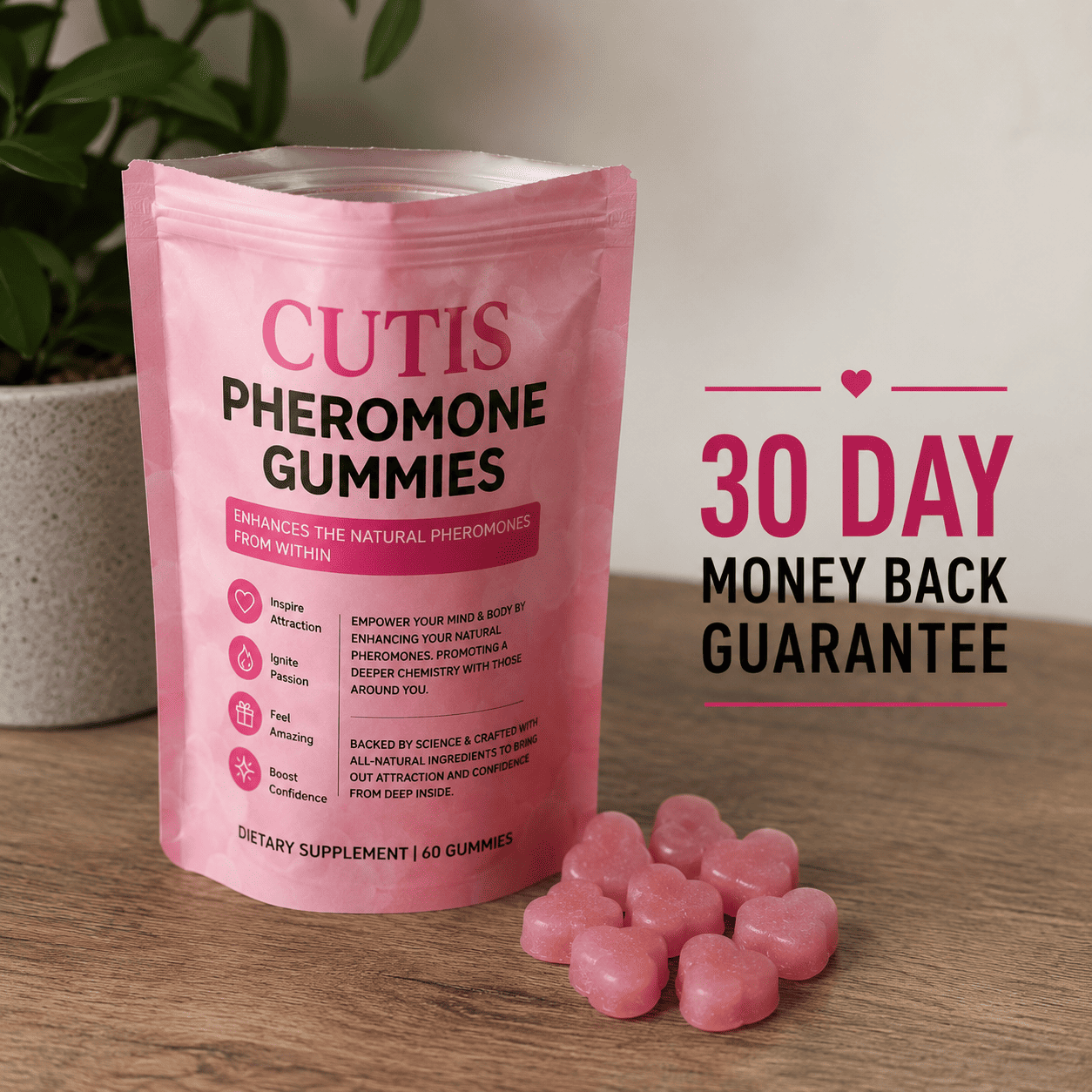 Pink package of CUTIS Pheromone Gummies with gummies on a wooden surface