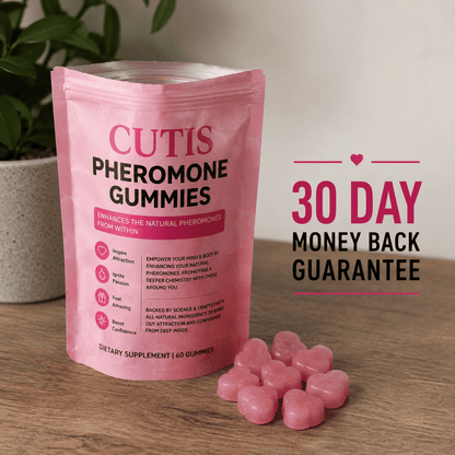 Pink package of CUTIS Pheromone Gummies with gummies on a wooden surface