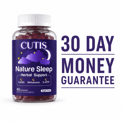 Bottle of Cutis Nature Sleep gummy supplement with a 30-day money guarantee on a white background