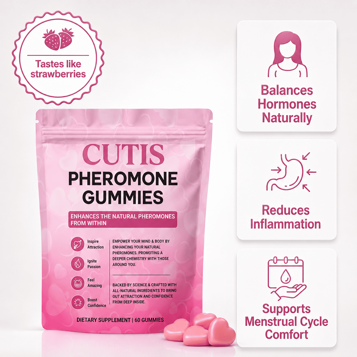 Pink package of CUTIS Pheromone Gummies with benefits listed on a white background