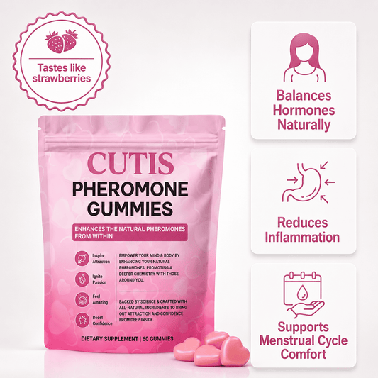 Pink package of CUTIS Pheromone Gummies with benefits listed on a white background