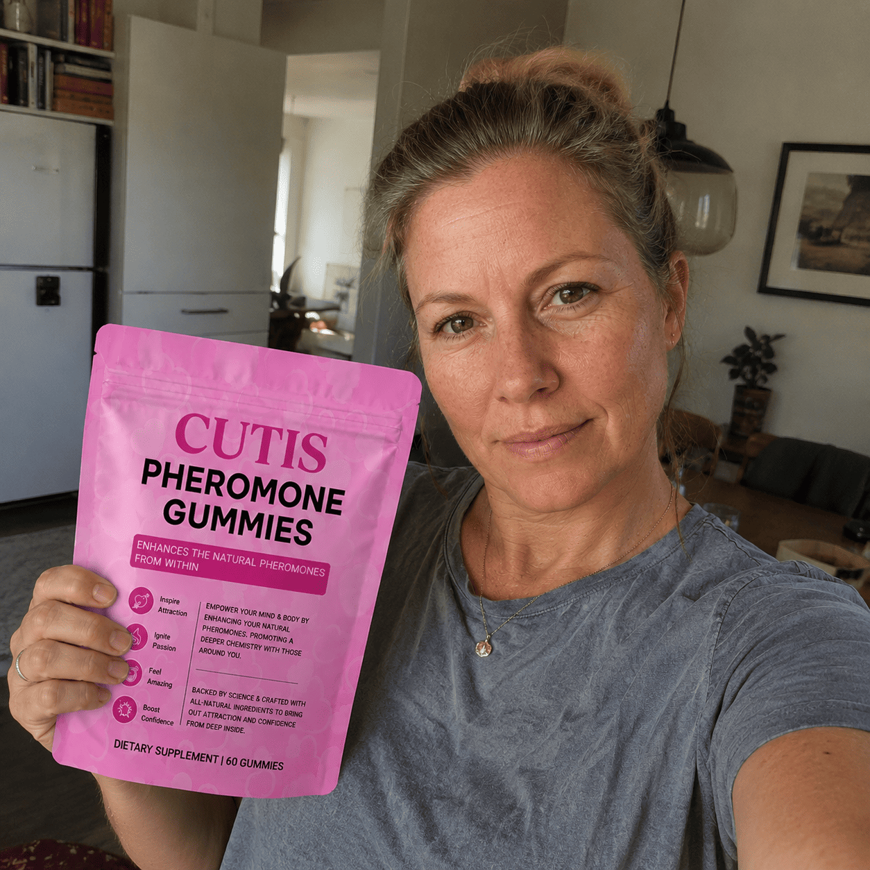 Person holding a pink package of Cutis Pheromone Gummies in a kitchen setting.