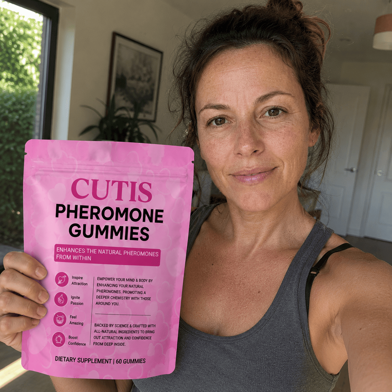 Woman holding a pink package of Cutis Pheromone Gummies in a casual indoor setting.