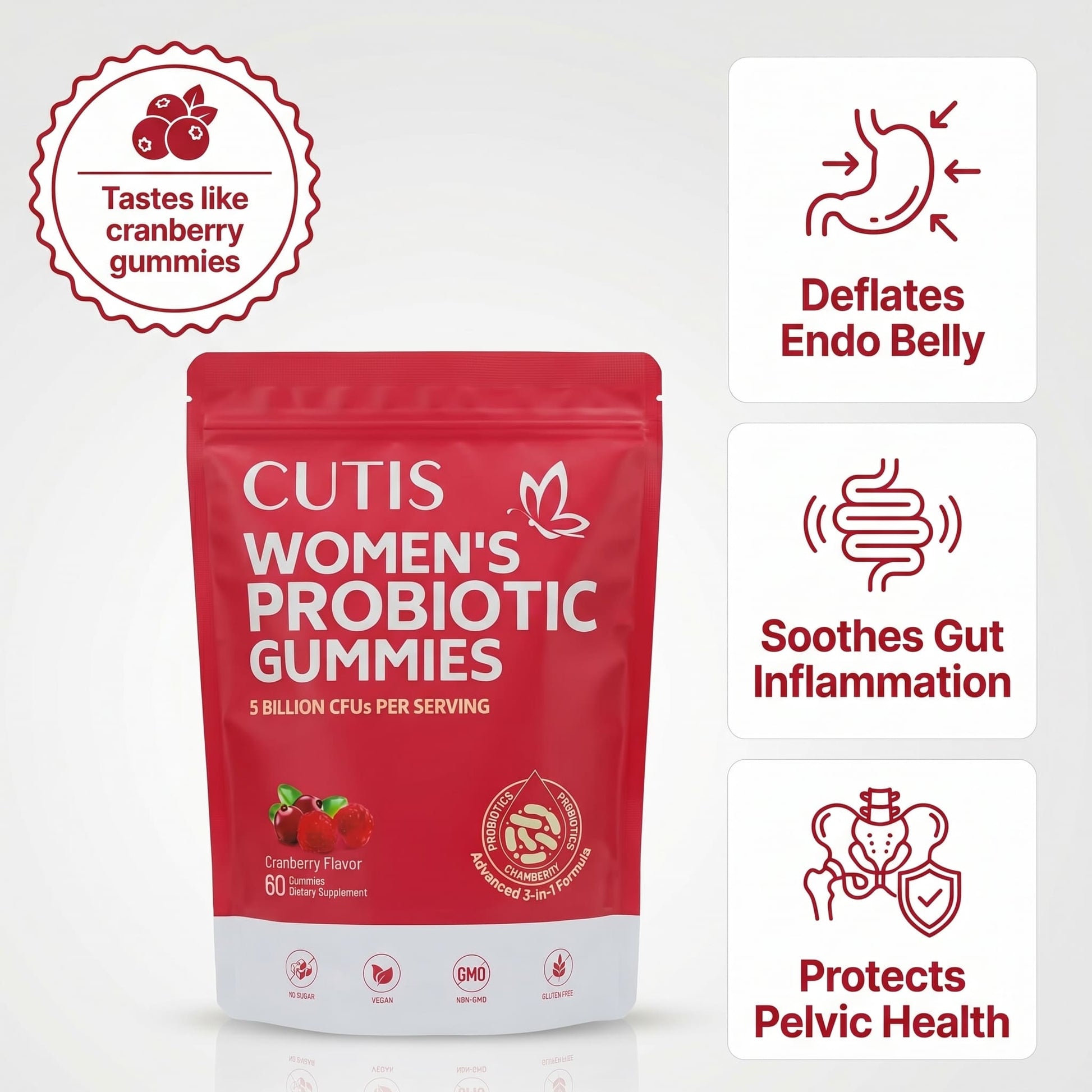 Red package of Cutis Women's Probiotic Gummies with icons and text on a white background