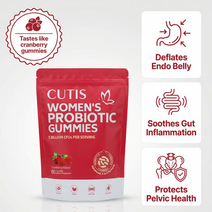 Red package of Cutis Women's Probiotic Gummies with icons and text on a white background