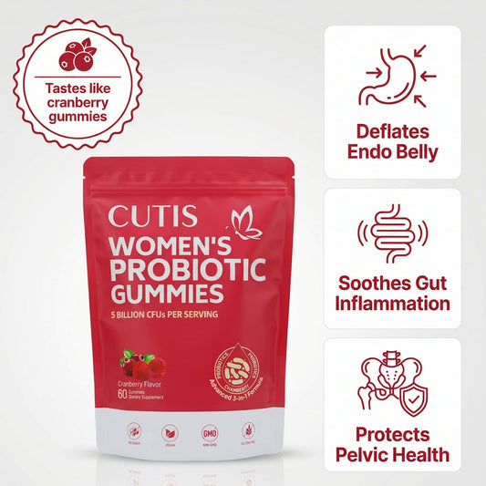 Red package of Cutis Women's Probiotic Gummies with icons and text on a white background