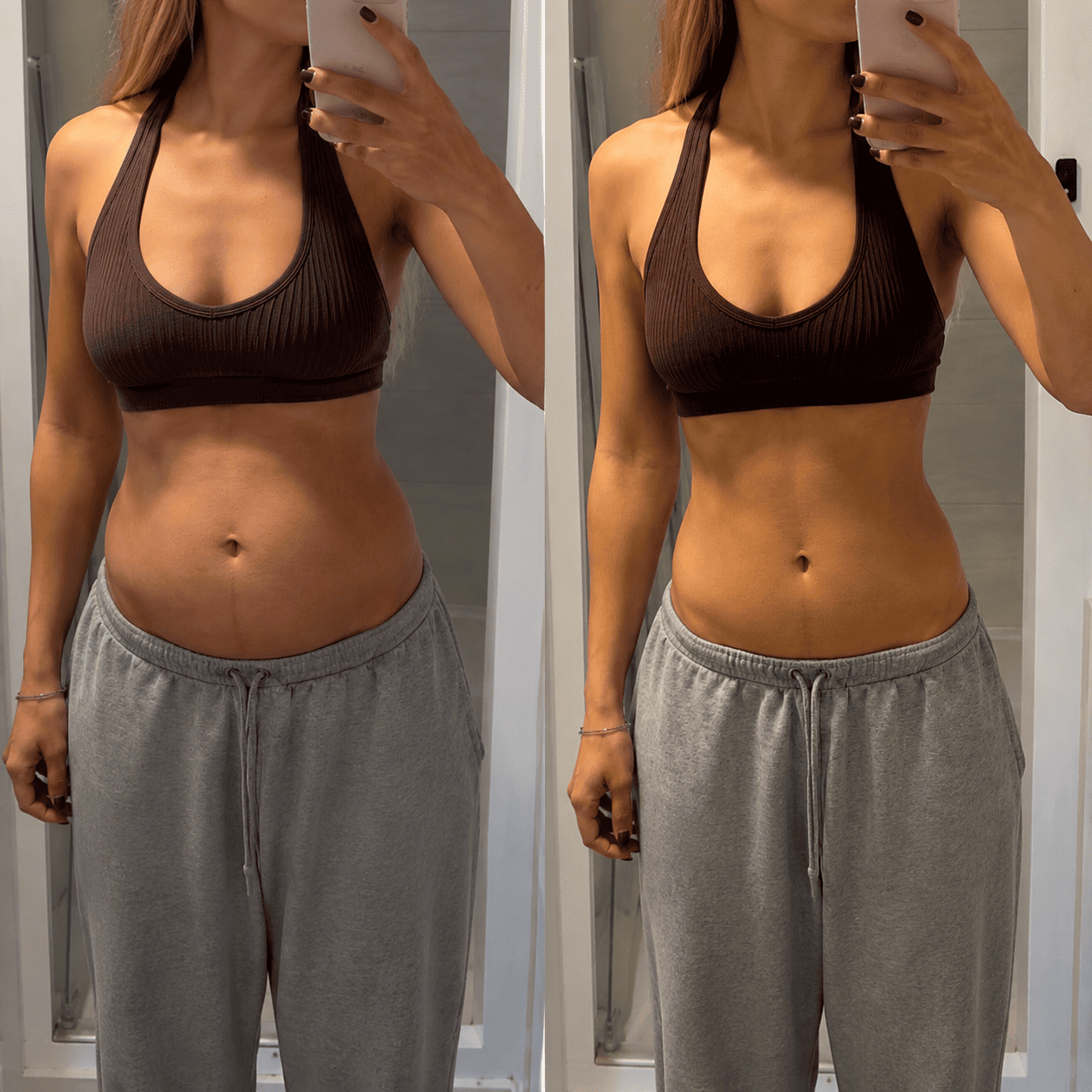 Person taking a mirror selfie wearing a brown sports bra and gray sweatpants.