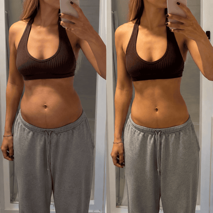 Person taking a mirror selfie wearing a brown sports bra and gray sweatpants.