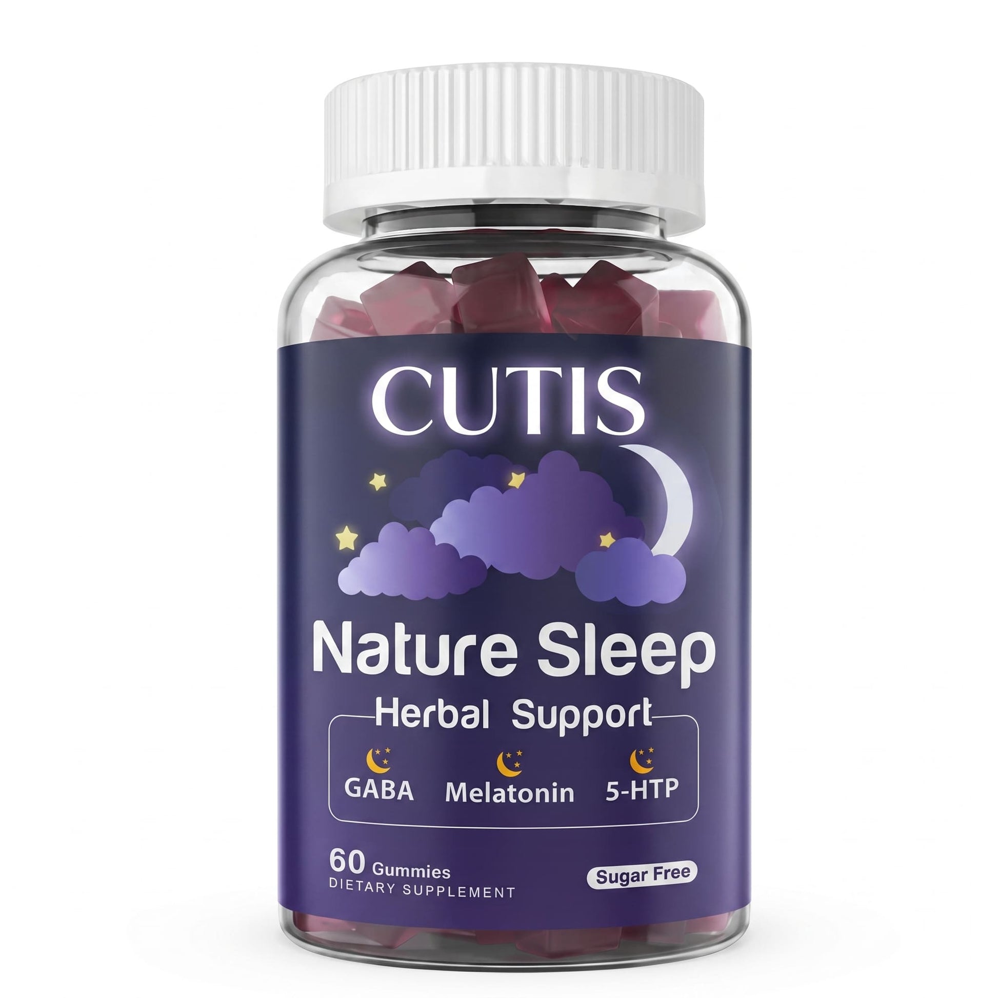 Bottle of Cutis Nature Sleep herbal support gummies on a white background