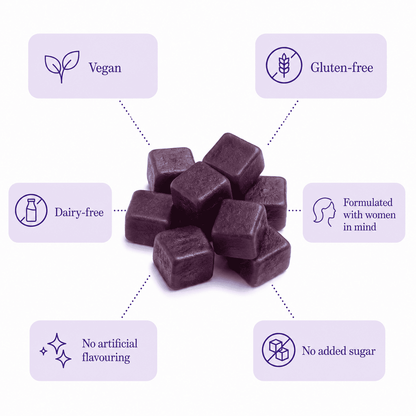 Dark chocolate cubes with health benefits icons on a white background